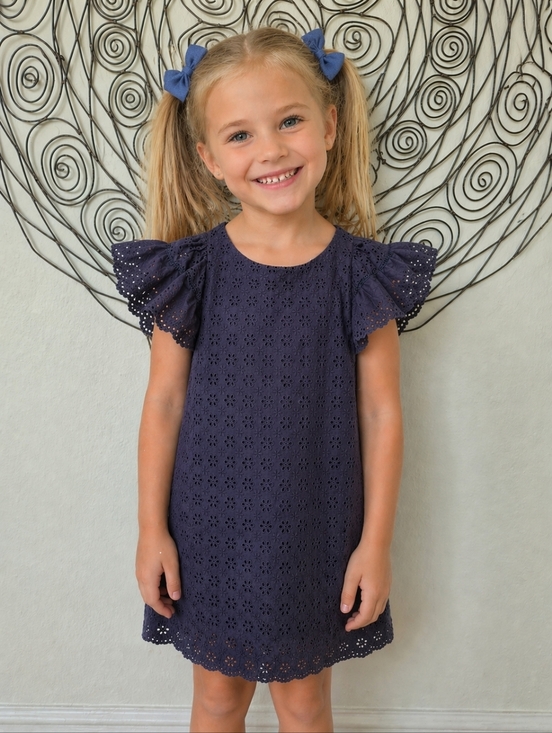Polo Ralph Lauren Other - Polo Ralph Lauren Girls Navy Eyelet Cotton A-Line Dress, Flutter Sleeve, Lined,